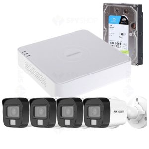 Sistem supraveghere exterior cu HDD 1TB HikVision, 4 camere, 5 MP, IR 25 m, lumina alba 20 m, 2.8 mm, microfon