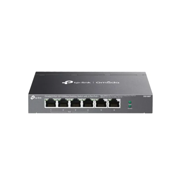 Switch Gigabit cu 6 porturi Omada TP-Link DS106P, 1.2 Gbps, MAC 2K, 4× porturi PoE+, fara management