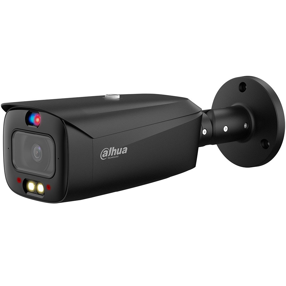 Camera supraveghere exterior IP cu iluminare duala Dahua WizSense Active Deterrence TiOC IPC-HFW3849T1-AS-PV-0280B-S5-BLACK, 8 MP, 2.8 mm, IR/lumina alba 30 m, slot card, microfon si difuzor, detectie miscare, PoE, neagra