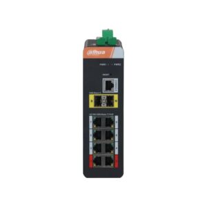 Switch industrial Dahua IS4210-8GT-120, 11 porturi, 8x RJ45 PoE Gigabit, 2x SFP gigabit, 20 Gbps, 14.88 Mpps, 1x port consola, suporta STP, RSTP, ERPS, PoE Watchdog, montare pe sina DIN